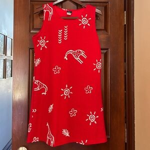 Vintage 90s LA Lights Red Southwestern Print With Giraffes Shift Dress M -USA